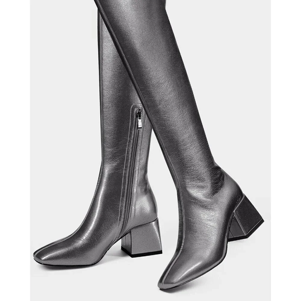 Women Grey Polyurethane Over the Knee Square Toe Block Heel Long Zipper Boots